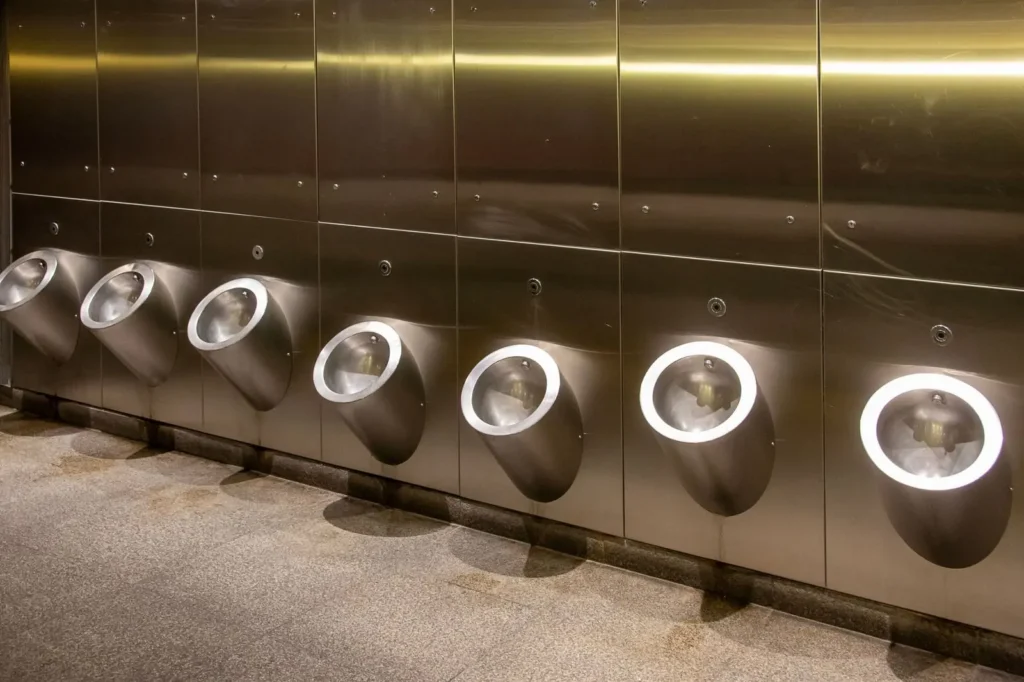 Rangée d'urinoirs en inox propres dans des sanitaires professionnels